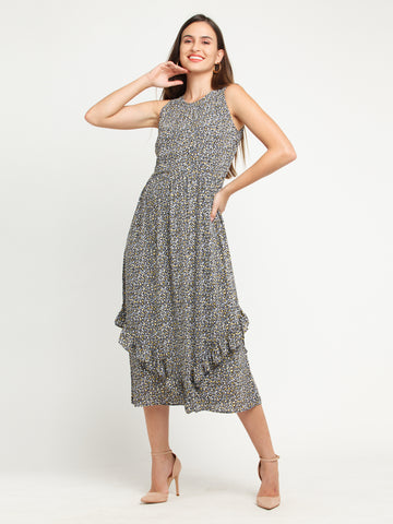 Navy Blue Printed Pleated Midi Dress For Women