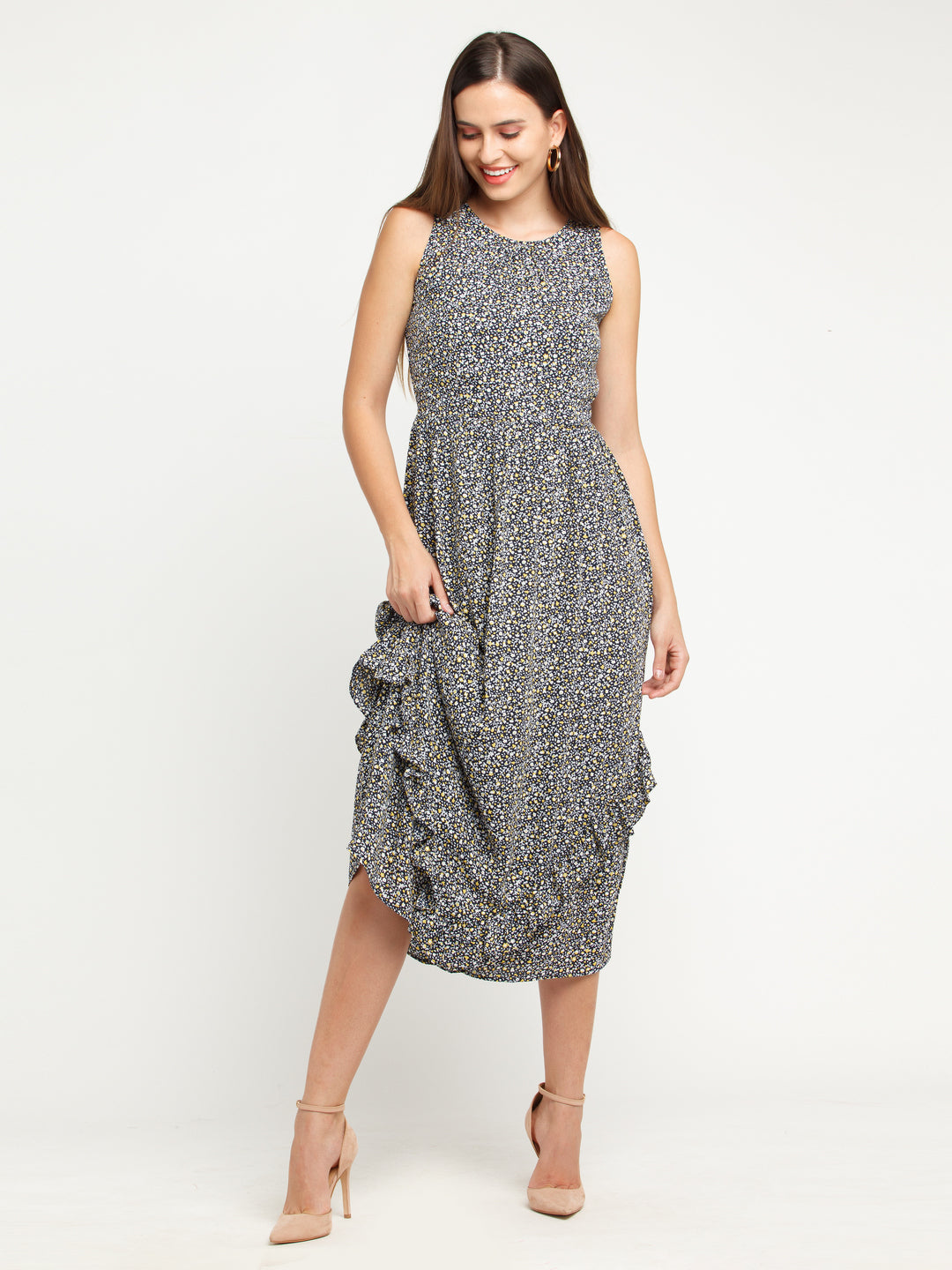Navy Blue Printed Pleated Midi Dress For Women