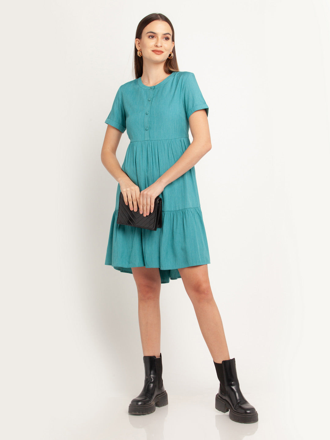 Blue Solid Tiered Short Dress For Women