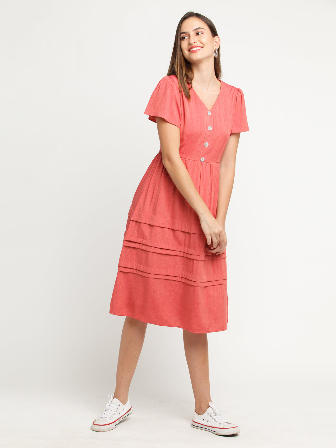 Pink Solid Flared Sleeve Midi Dress