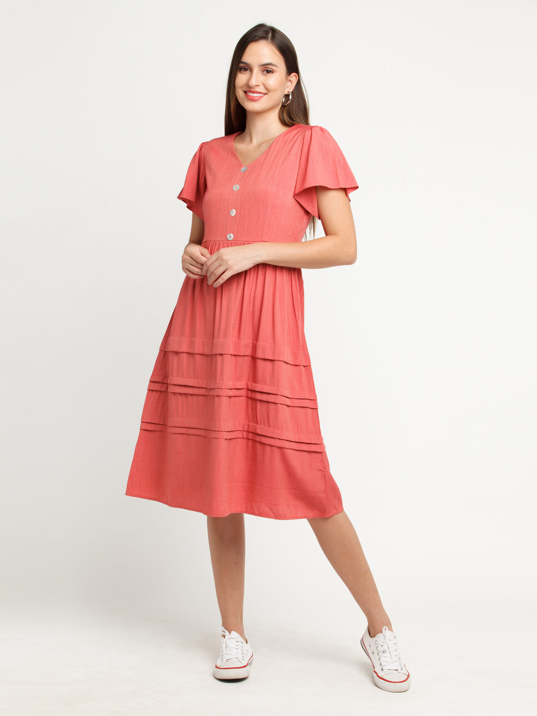 Pink Solid Flared Sleeve Midi Dress