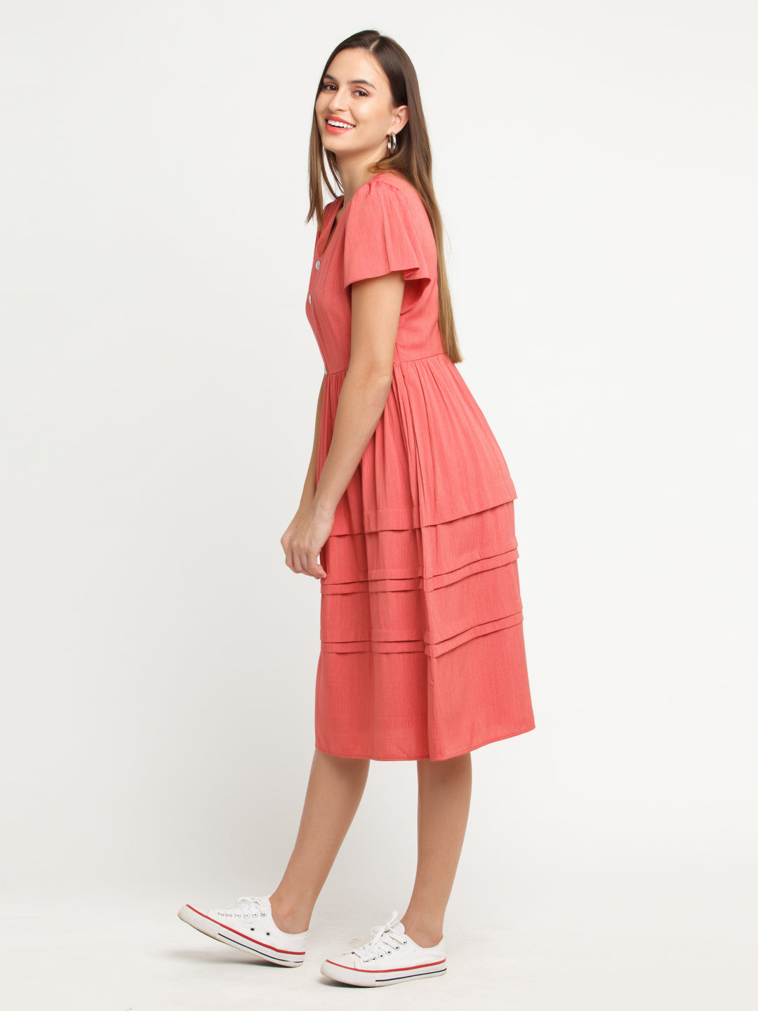 Pink Solid Flared Sleeve Midi Dress