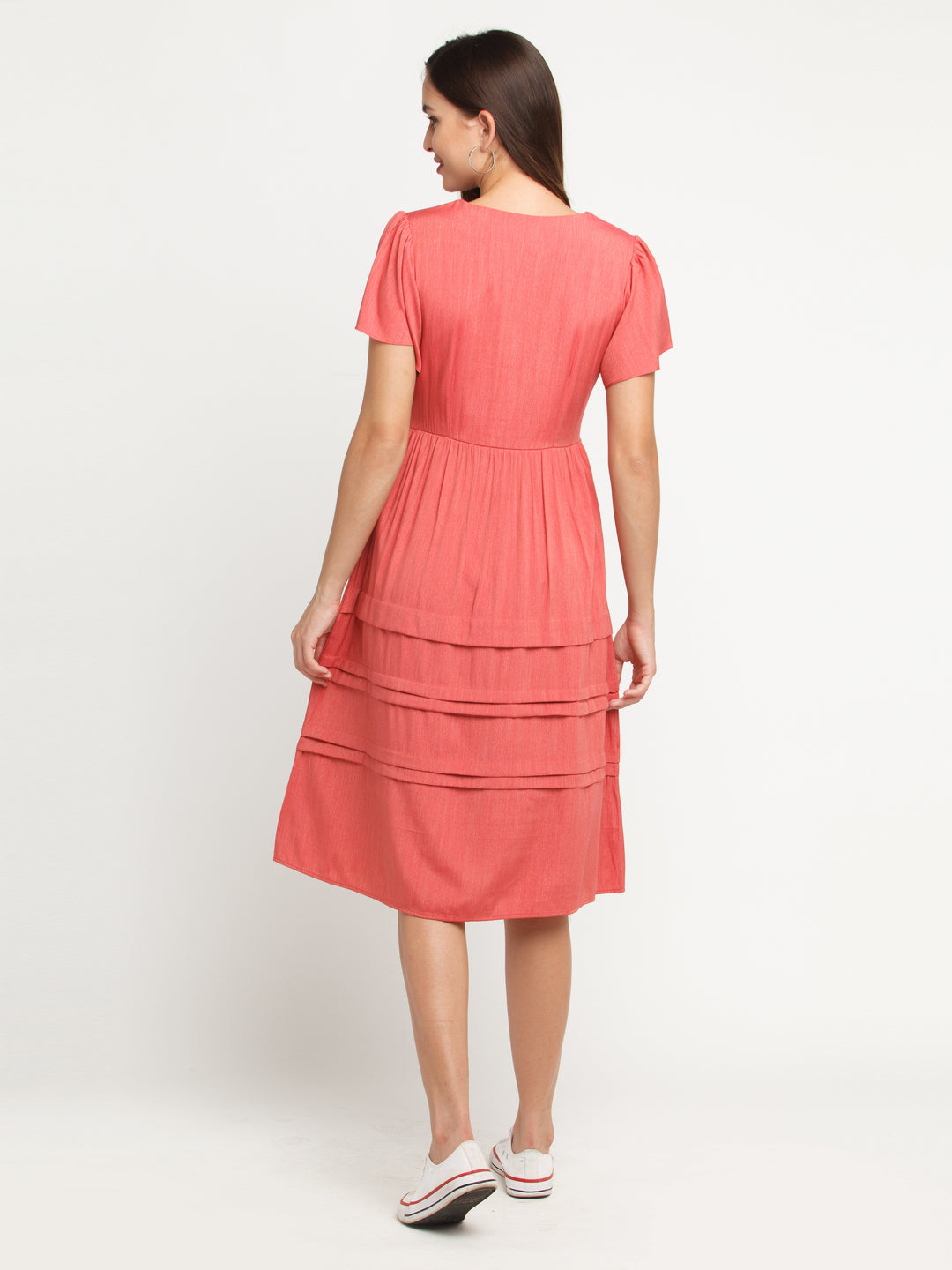 Pink Solid Flared Sleeve Midi Dress