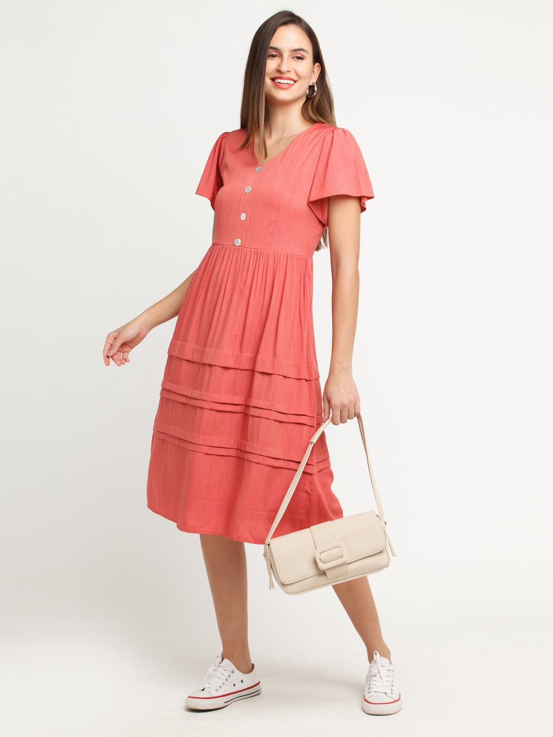 Pink Solid Flared Sleeve Midi Dress