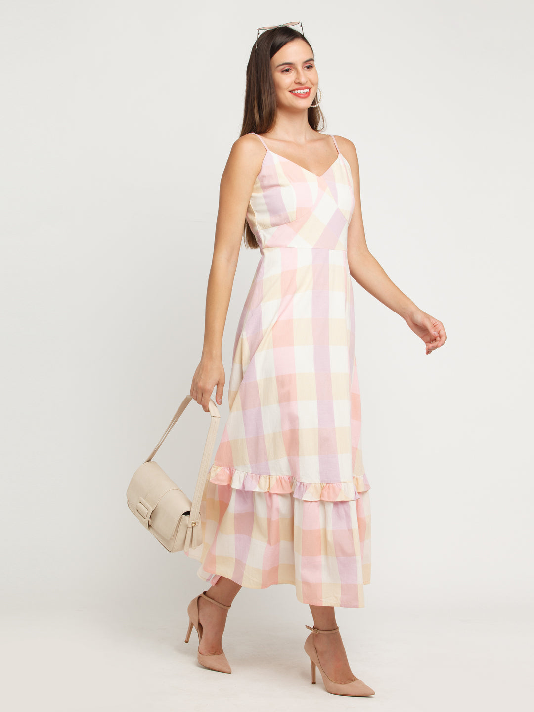 Multicolored Checked Tiered Maxi Dress