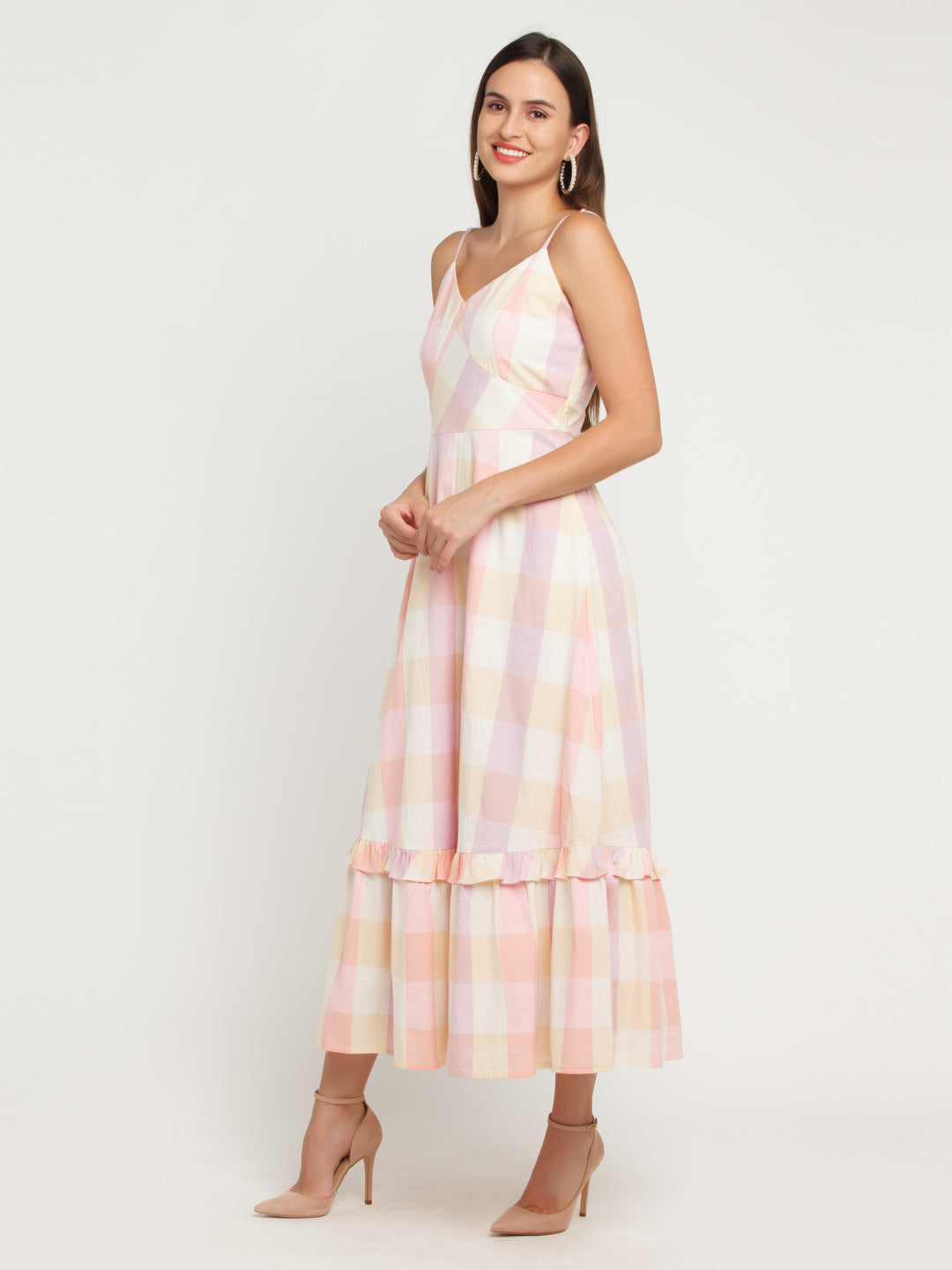 Multicolored Checked Tiered Maxi Dress For Women