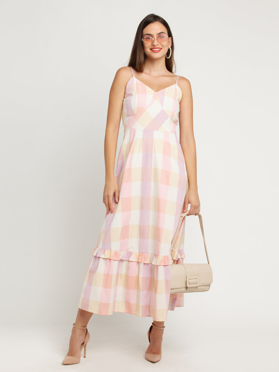 Multicolored Checked Tiered Maxi Dress For Women