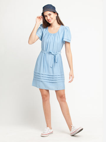 Blue Solid Gathered Short Dress For Women