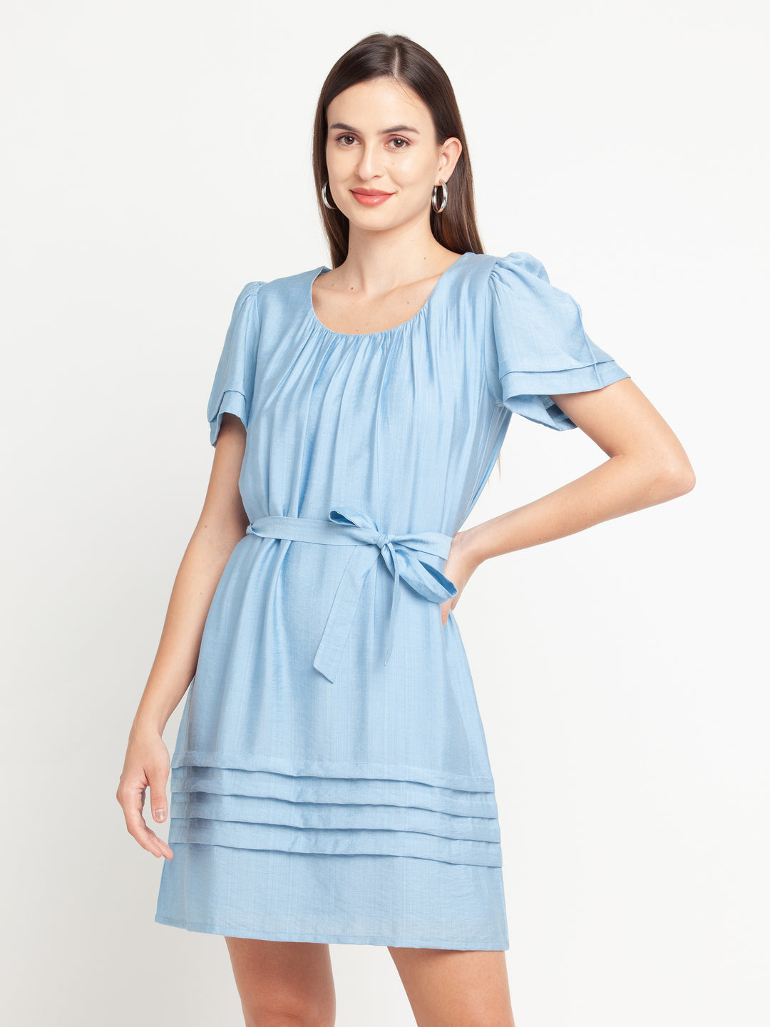 Blue Solid Gathered Short Dress For Women