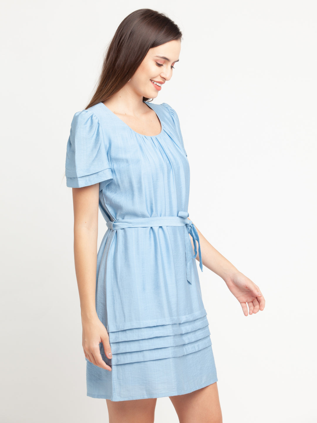 Blue Solid Gathered Short Dress