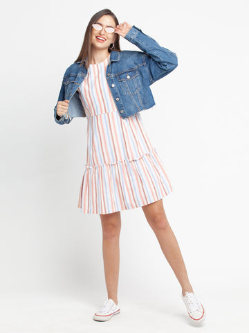 Multicolored Striped Tiered Short Dress For Women