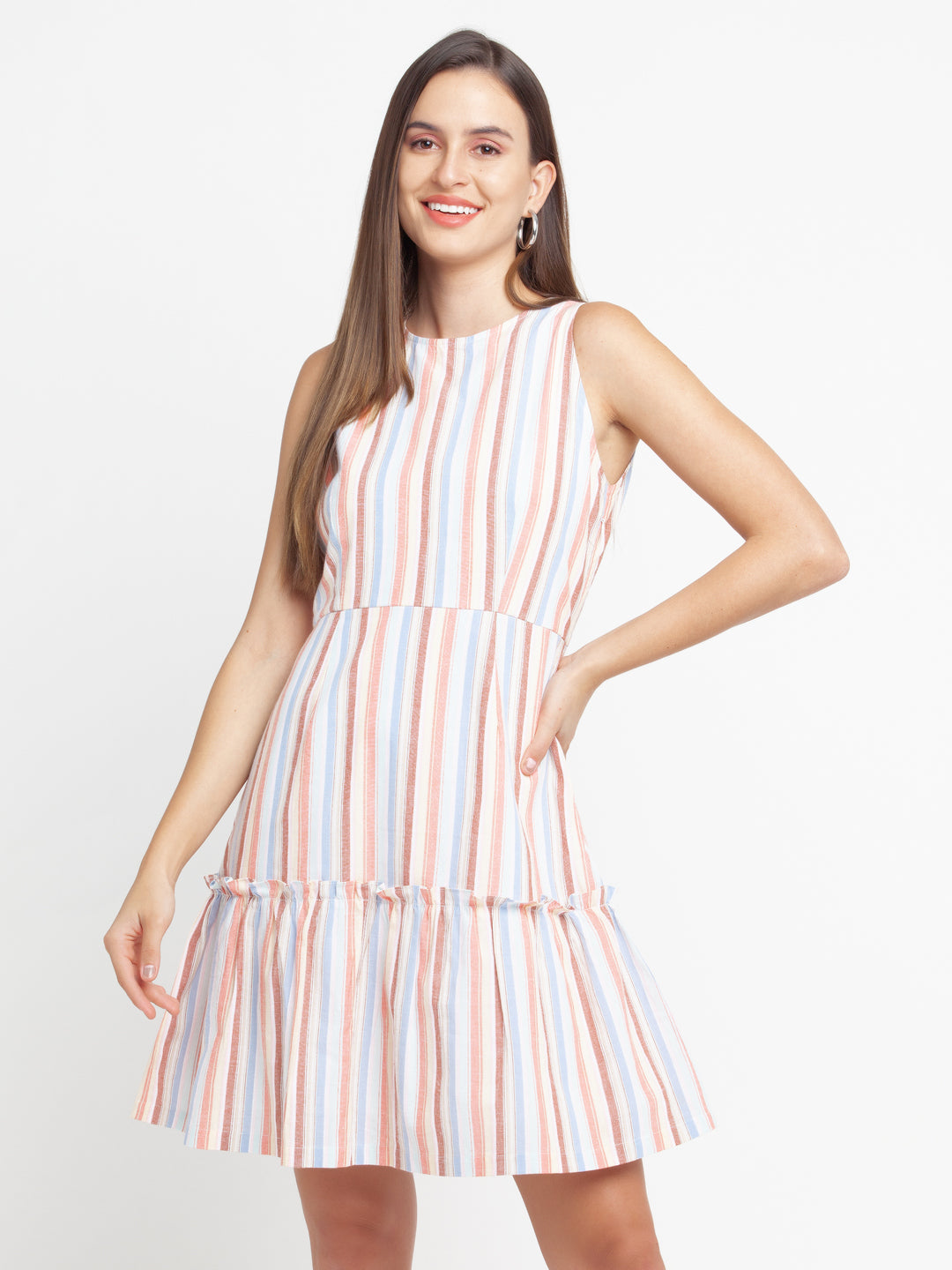 Multicolored Striped Tiered Short Dress For Women