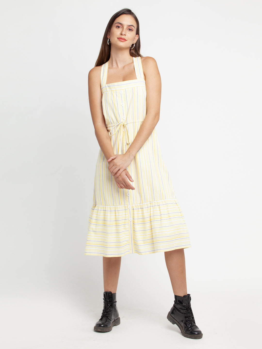 Off White Striped Tiered Midi Dress