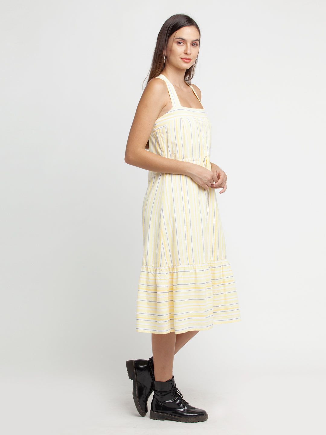 Off White Striped Tiered Midi Dress For Women