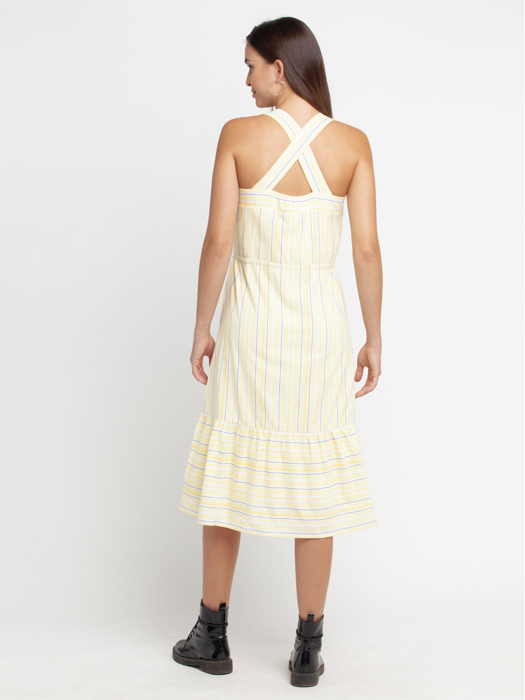 Off White Striped Tiered Midi Dress For Women