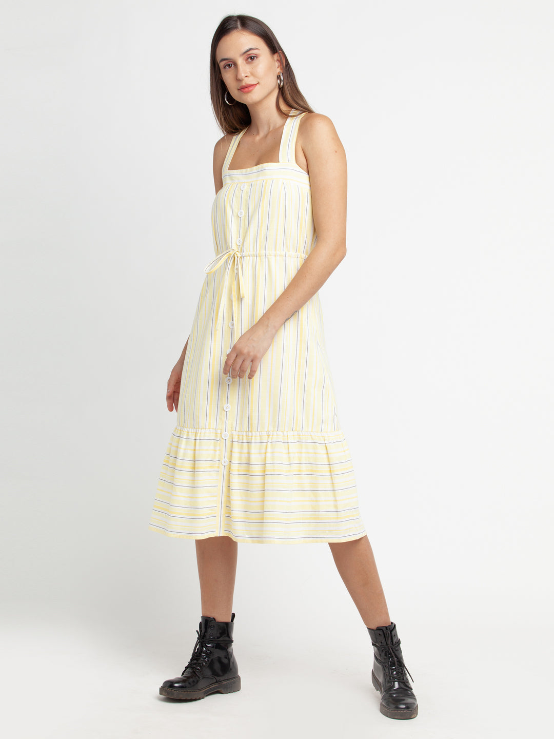 Off White Striped Tiered Midi Dress