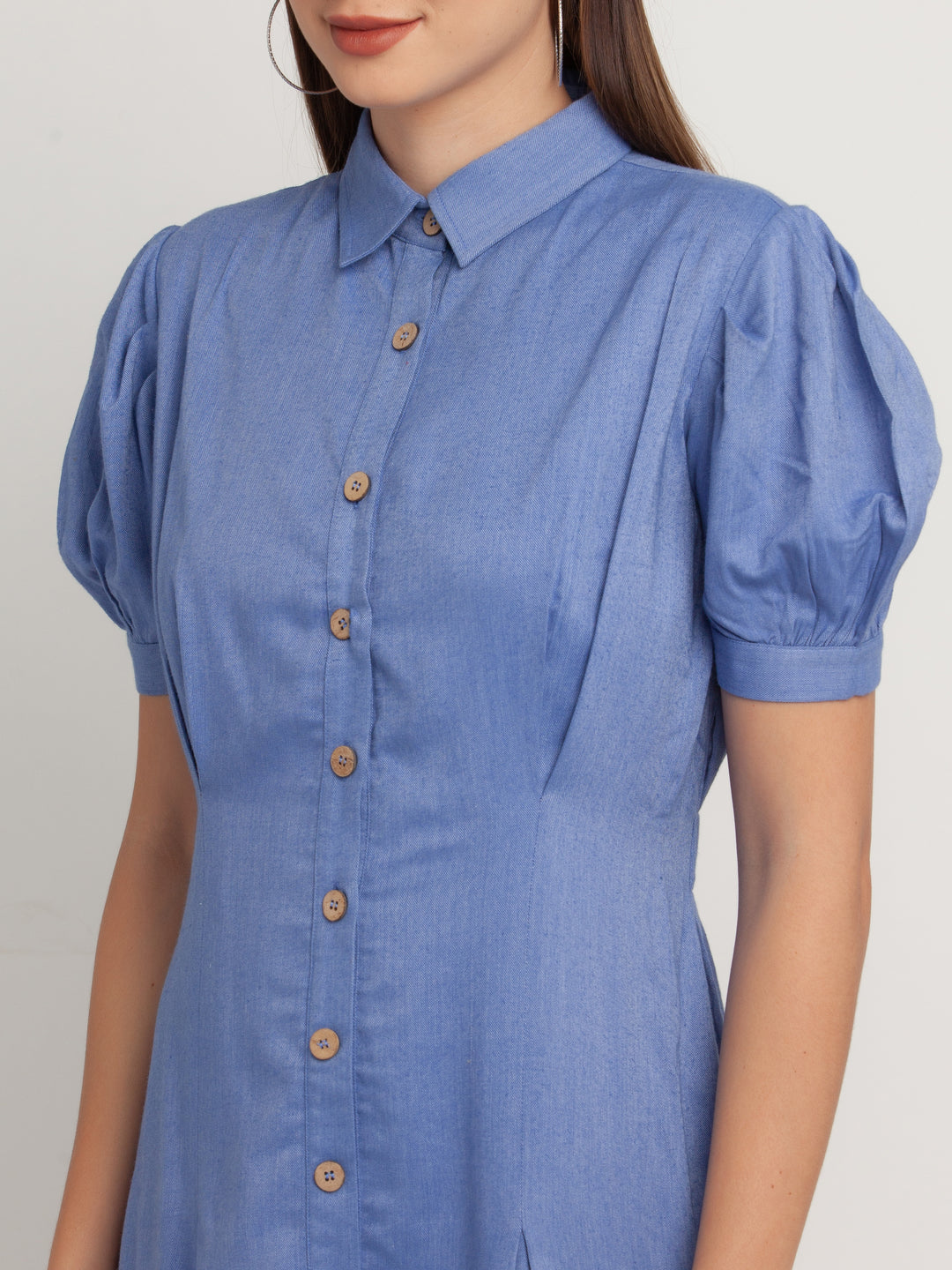 Blue Solid Shirt Dress For Women