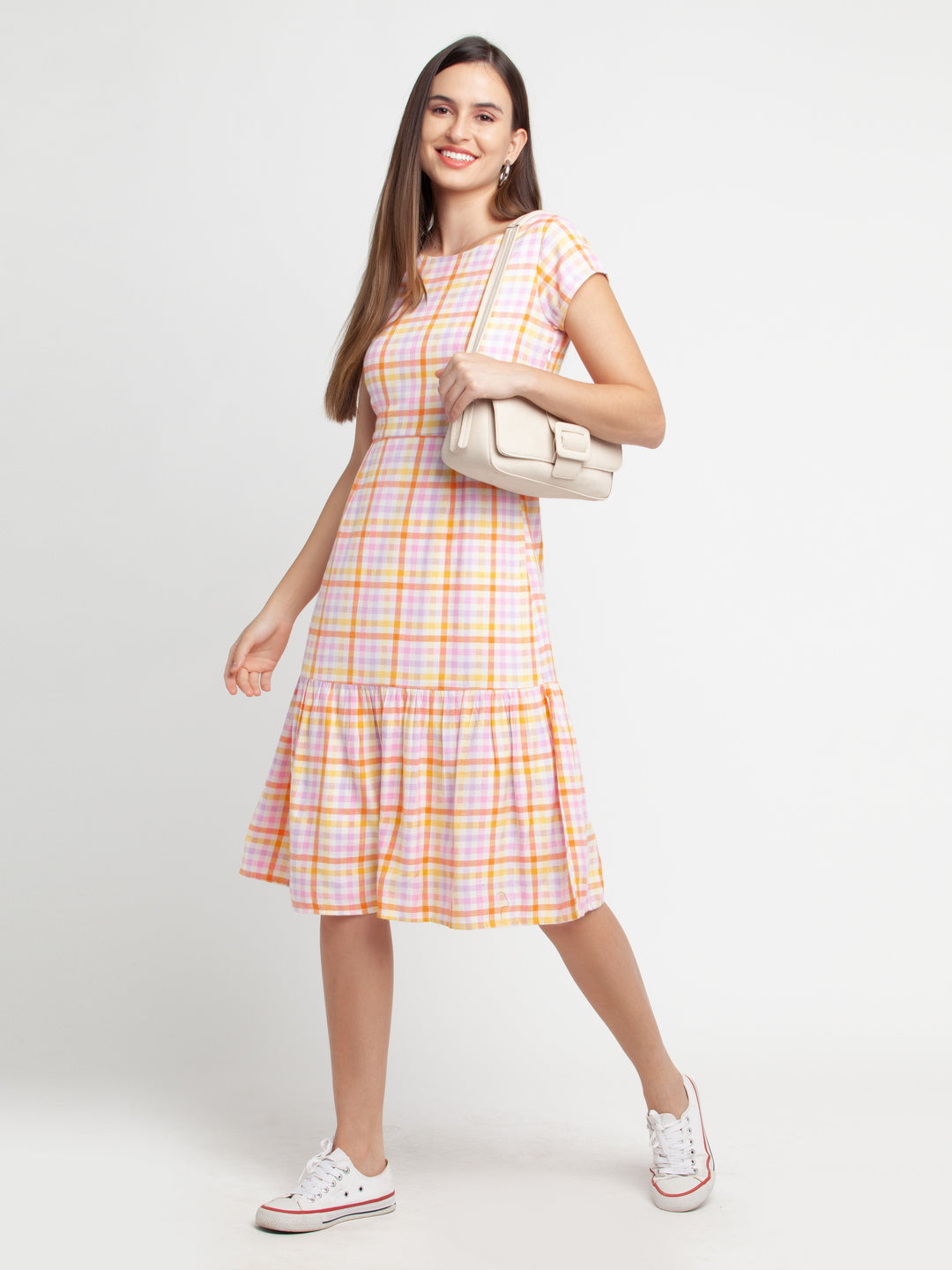 Multicolored Checked Tiered Midi Dress