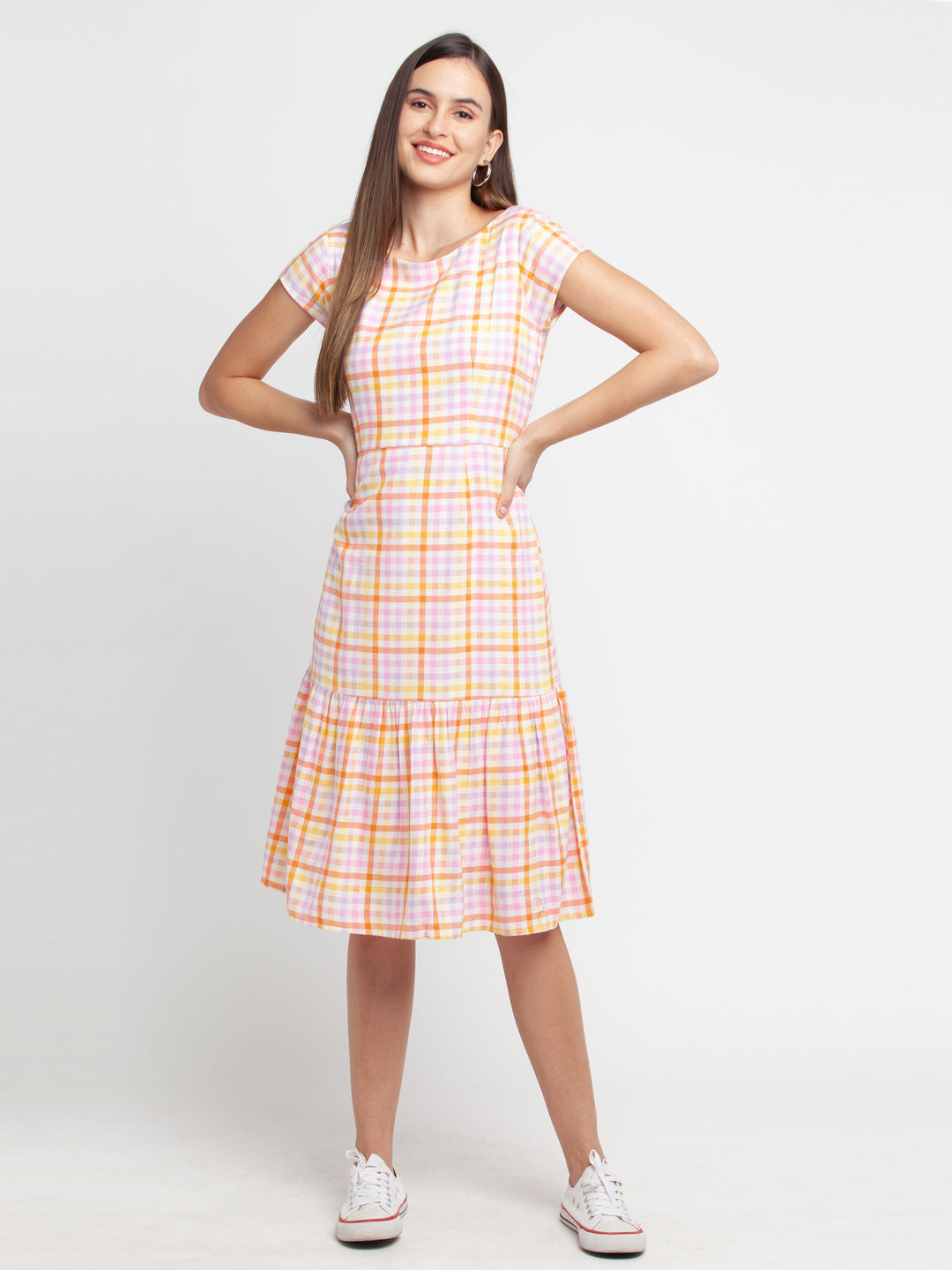 Multicolored Checked Tiered Midi Dress