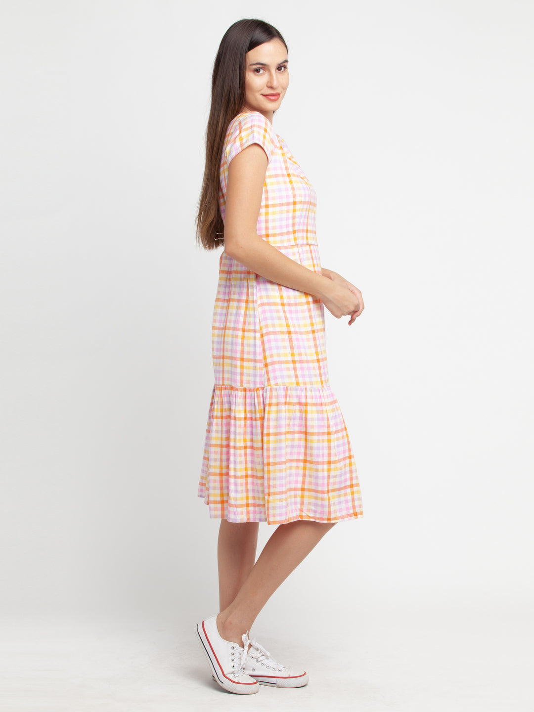 Multicolored Checked Tiered Midi Dress