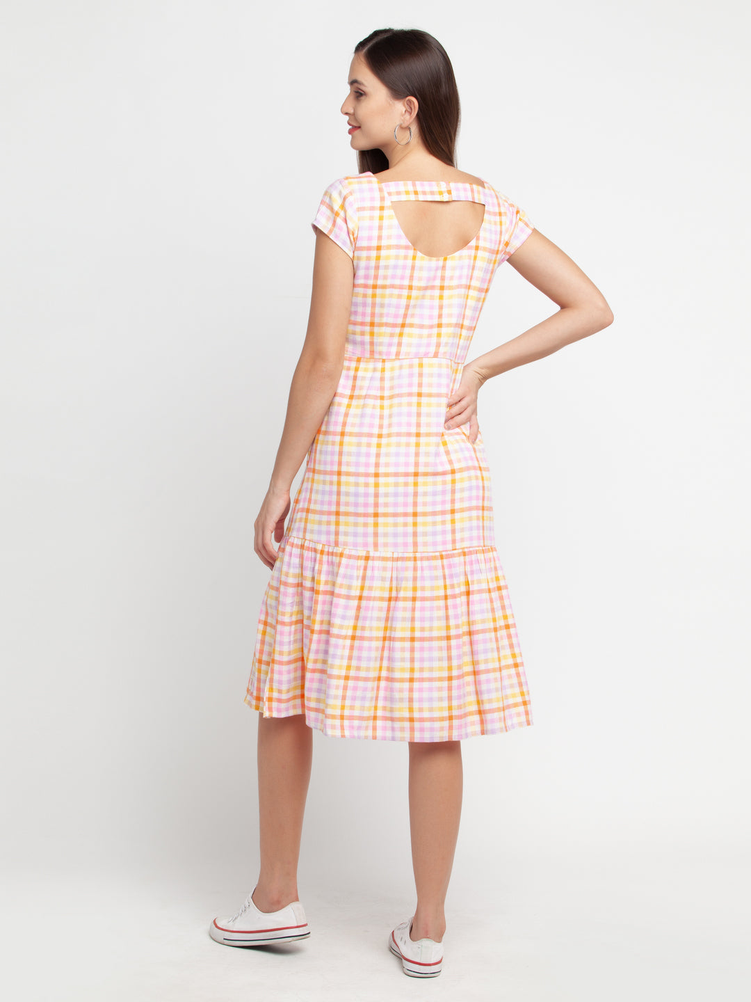 Multicolored Checked Tiered Midi Dress