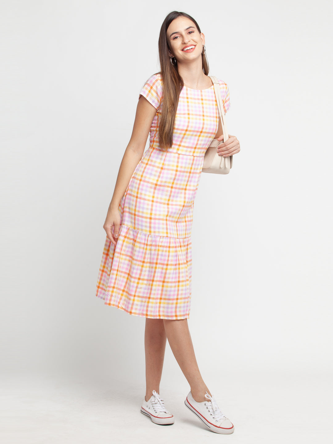 Multicolored Checked Tiered Midi Dress