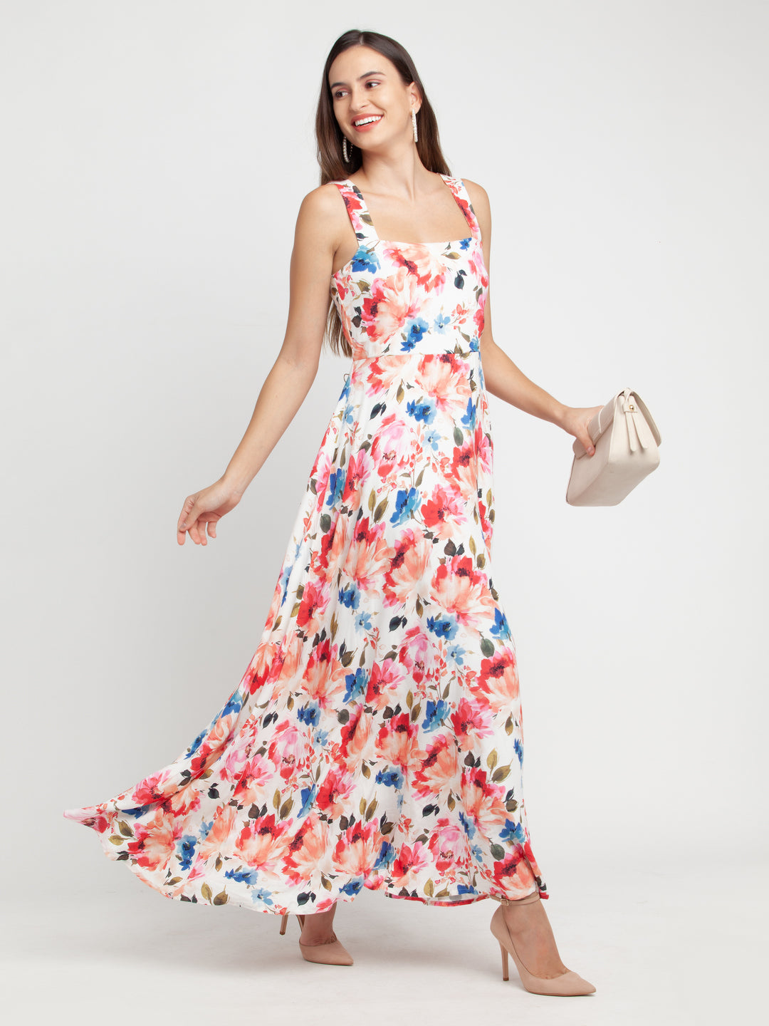 Off White Printed Strappy Maxi Dress