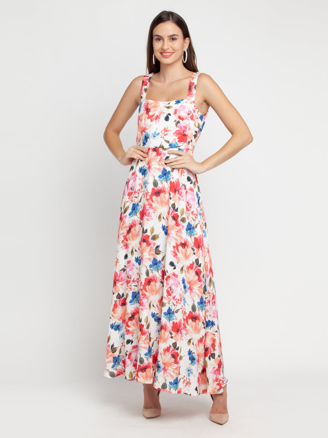 Off White Printed Strappy Maxi Dress