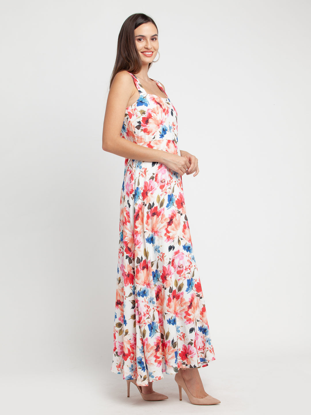 Off White Printed Strappy Maxi Dress