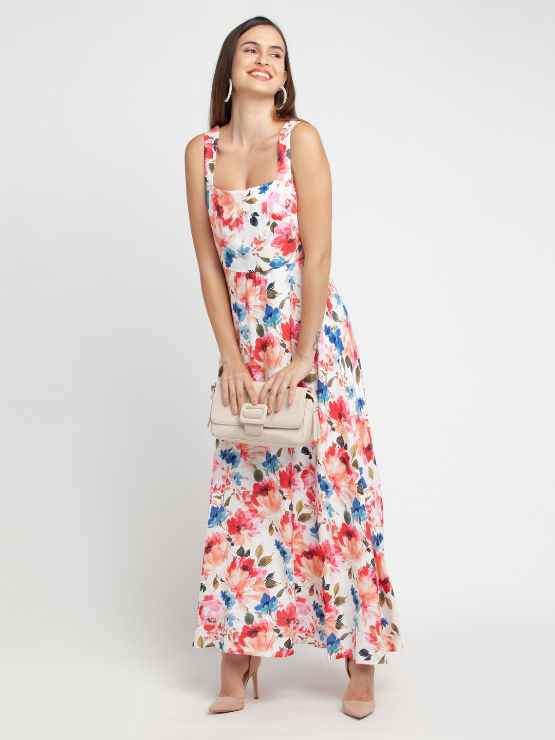 Off White Printed Strappy Maxi Dress