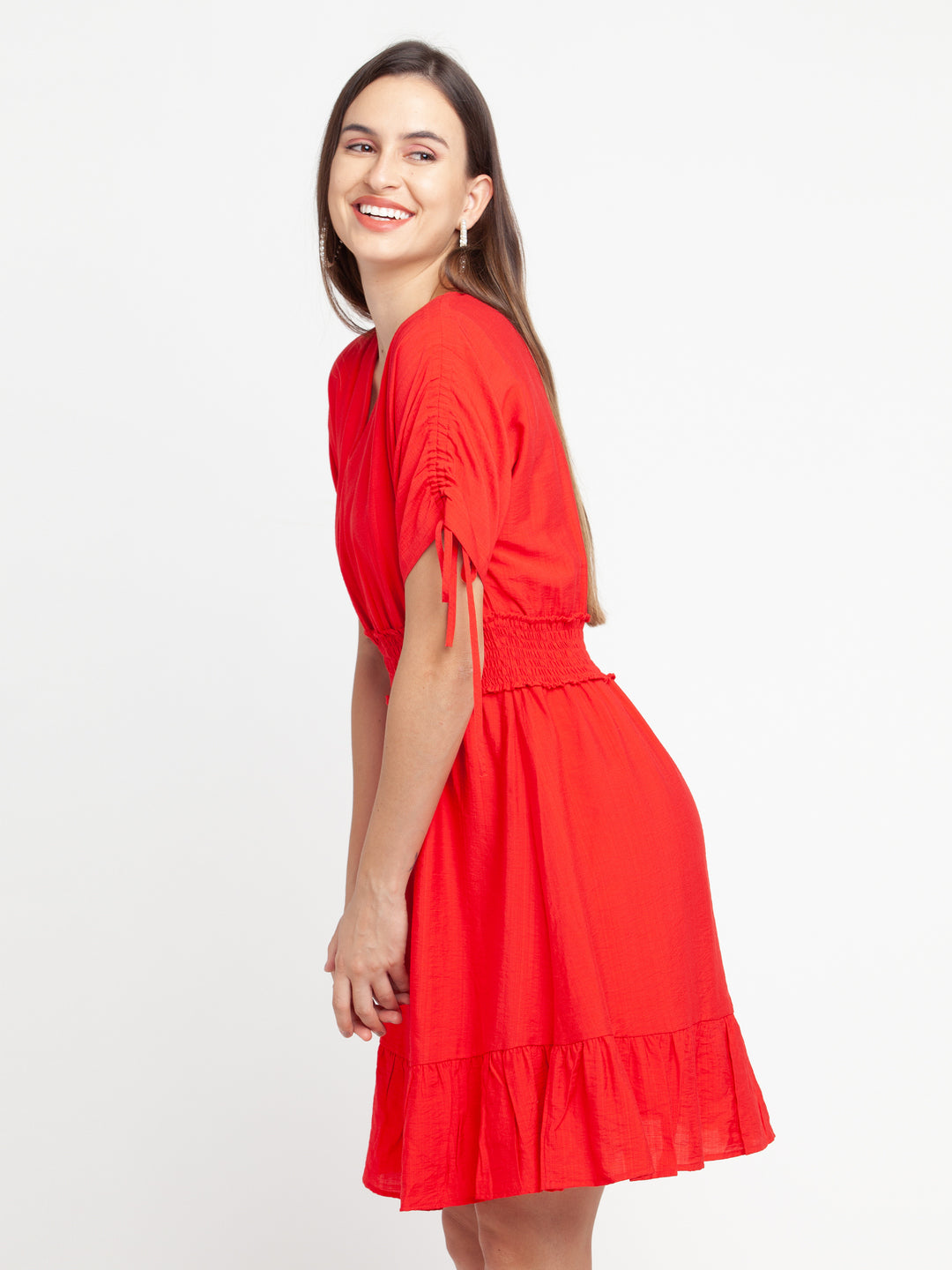 Red Solid Elasticated Short Dress For Women