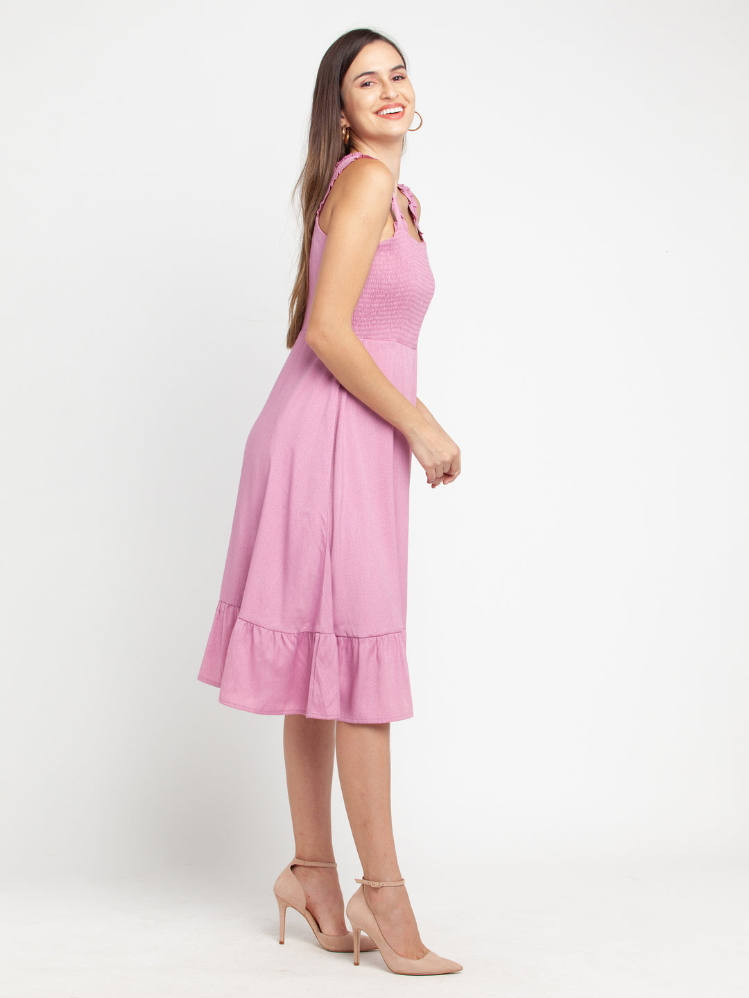 Pink Solid Elasticated Midi Dress For Women