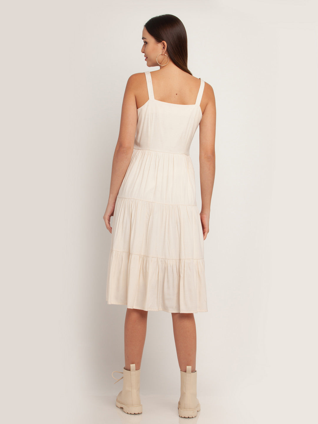 Off White Solid Tiered Midi Dress For Women