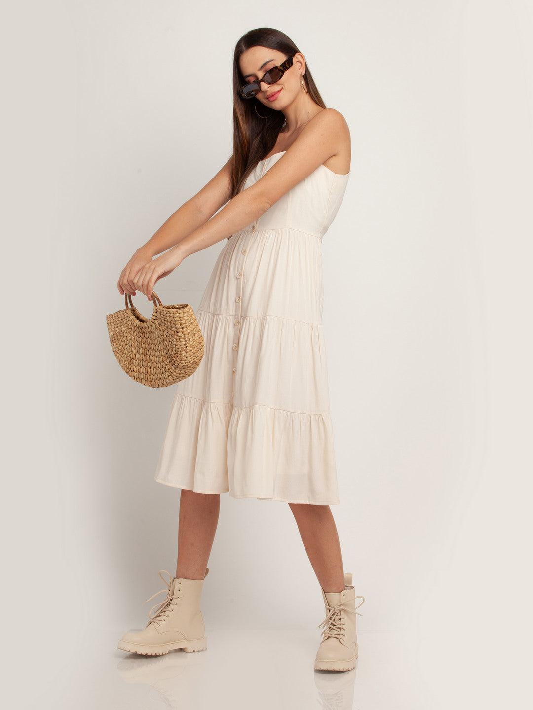 Off White Solid Tiered Midi Dress For Women
