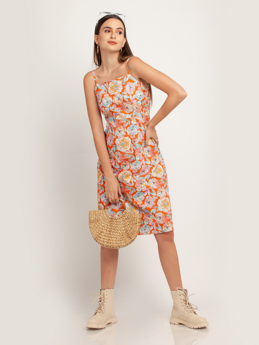 Orange Printed Strappy Midi Dress