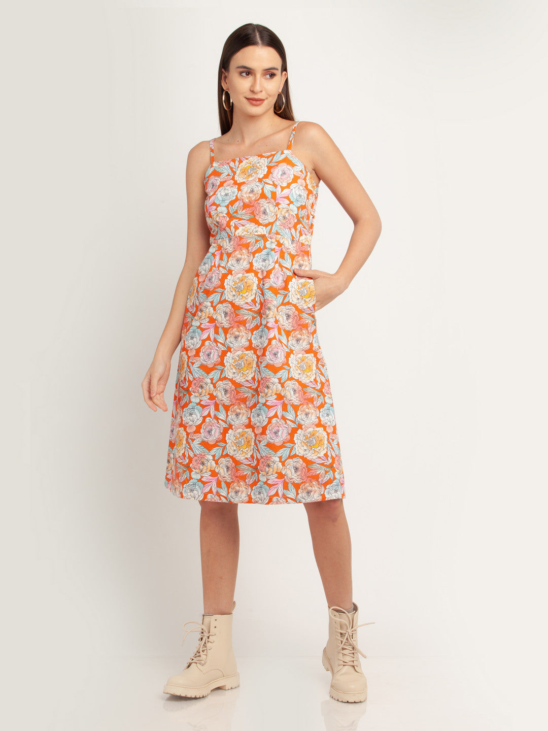 Orange Printed Strappy Midi Dress