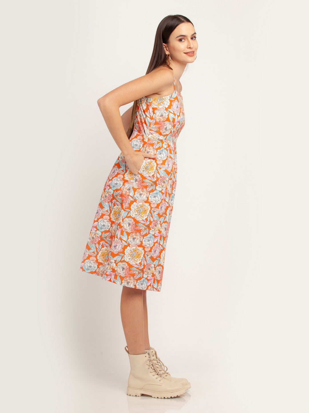 Orange Printed Strappy Midi Dress For Women