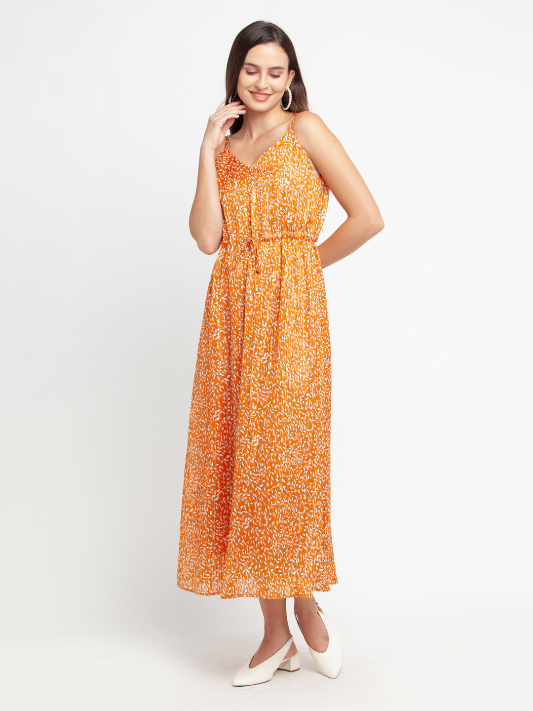 Orange Printed Tie-Up Maxi Dress For Women