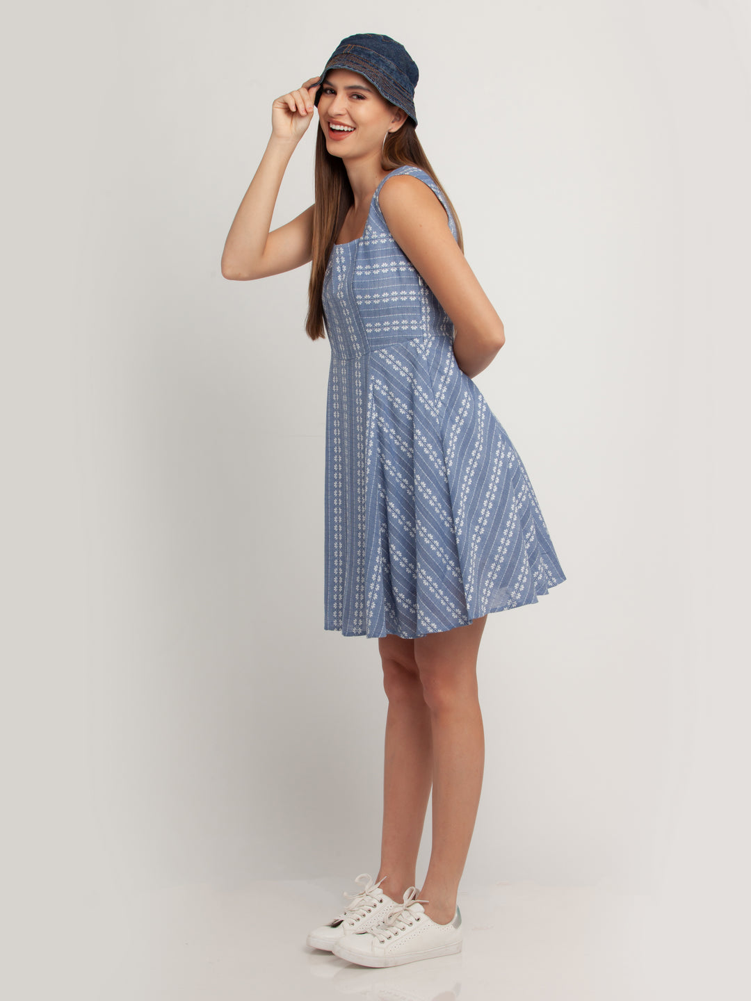 Blue Self Design Short Dress For Women