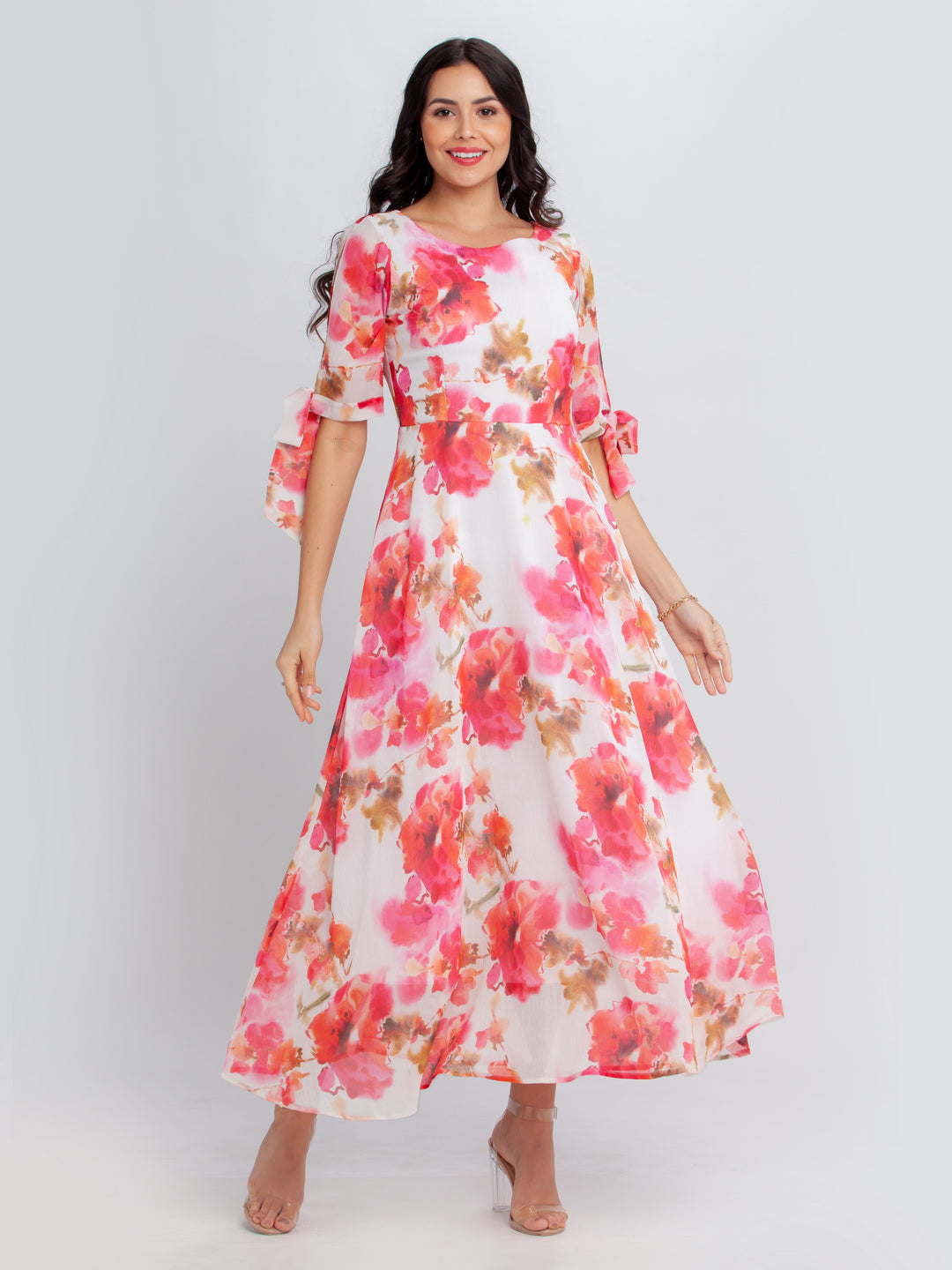 Off White Printed Tie-Up Maxi Dress