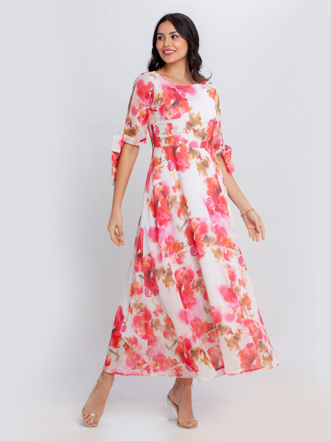 Off White Printed Tie-Up Maxi Dress