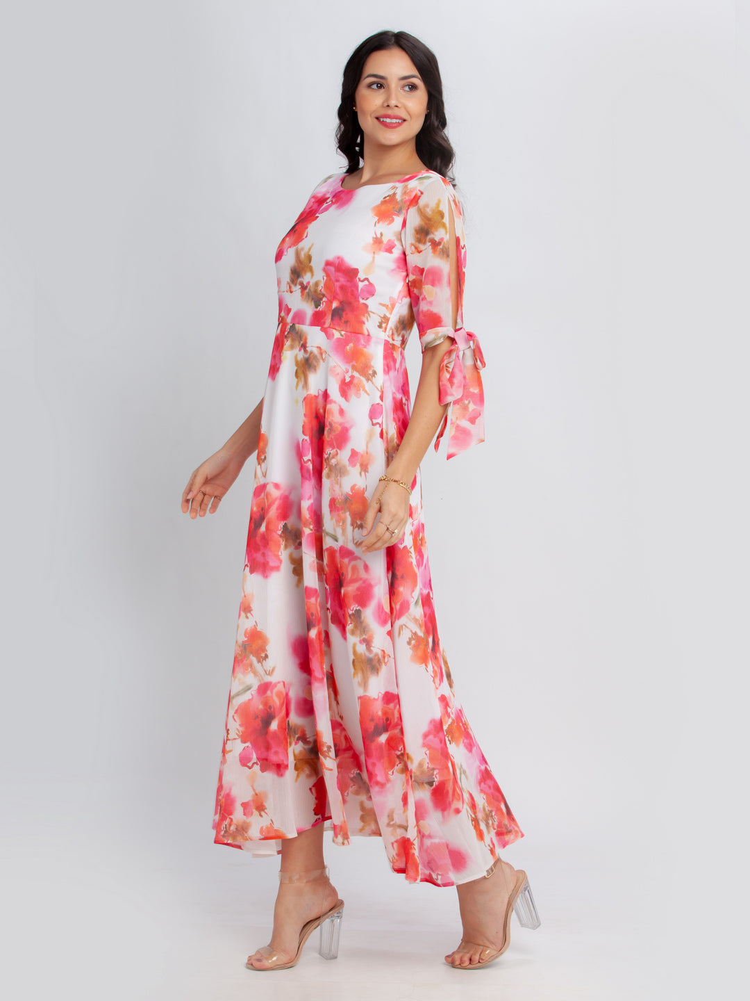 Off White Printed Tie-Up Maxi Dress