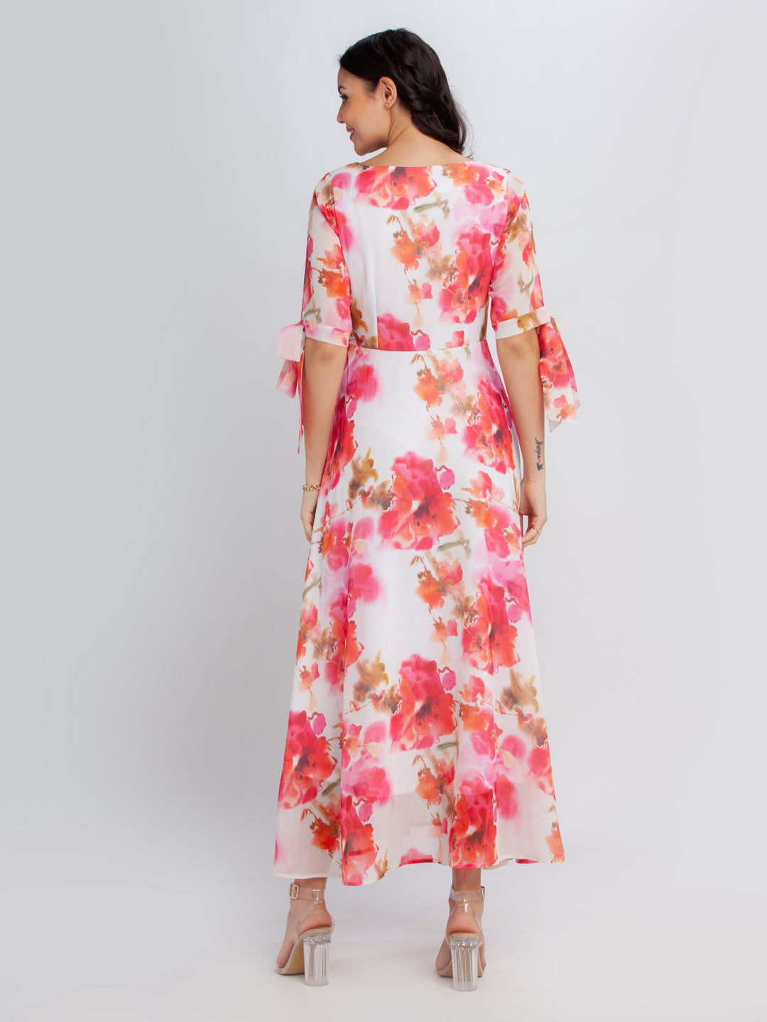 Off White Printed Tie-Up Maxi Dress