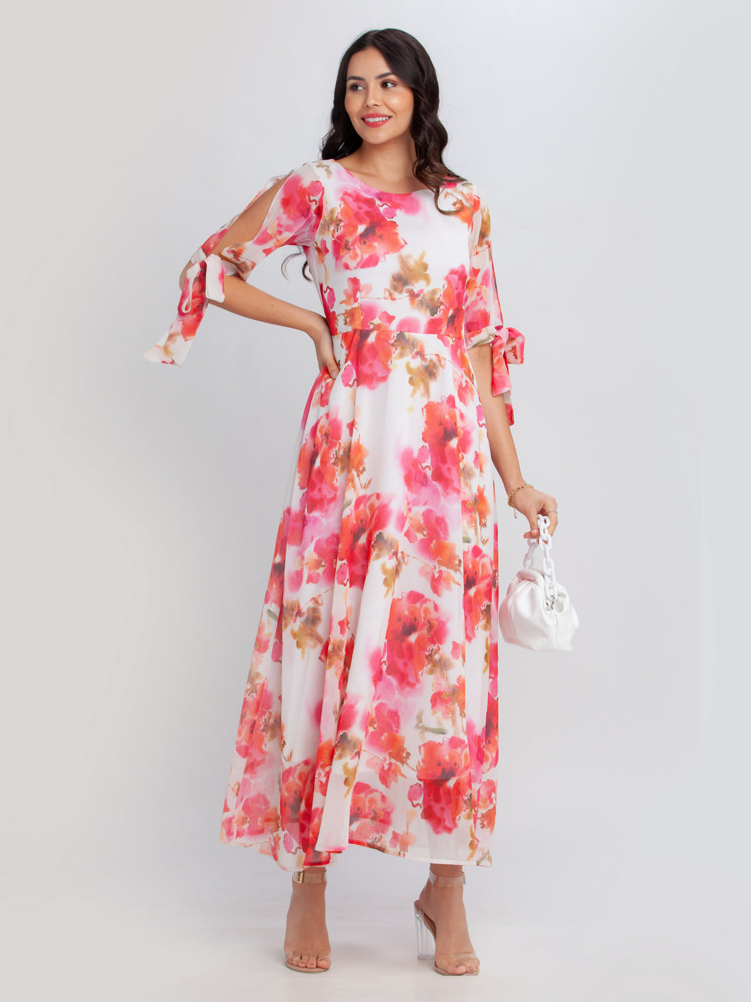 Off White Printed Tie-Up Maxi Dress