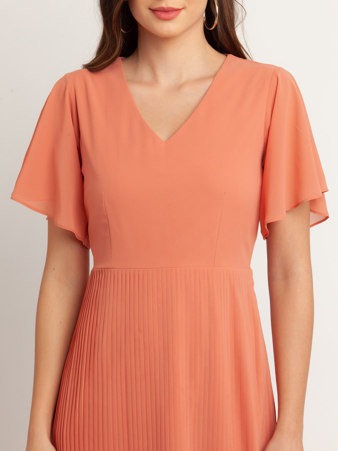 Pink Solid Flared Sleeve Midi Dress For Women
