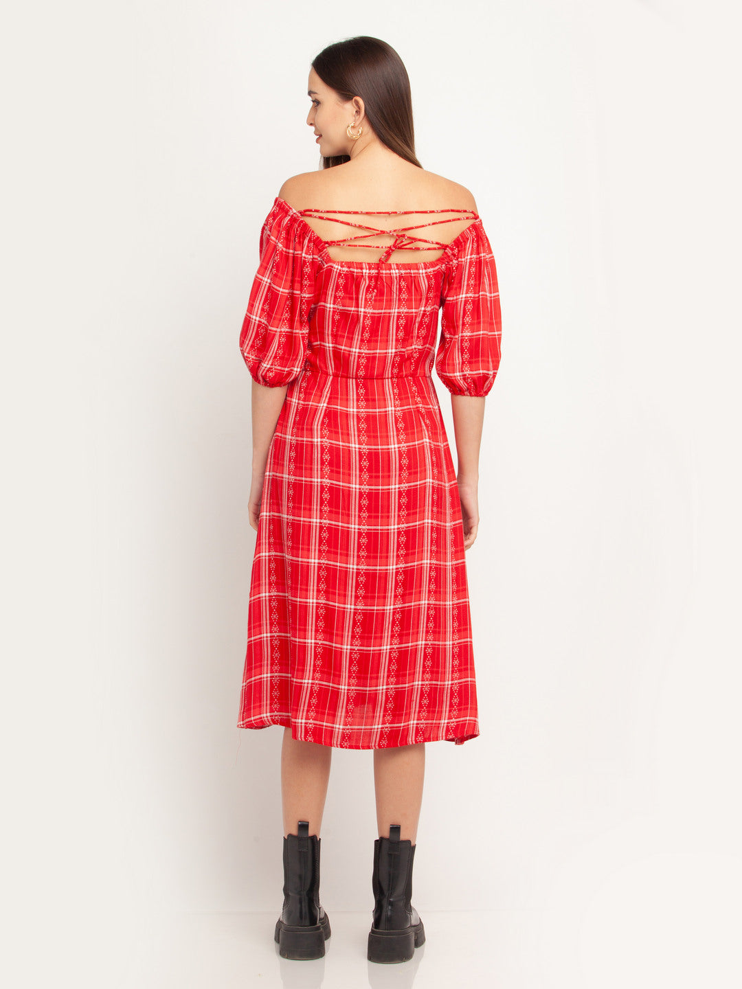 Red Self Design Tie-Up Midi Dress For Women