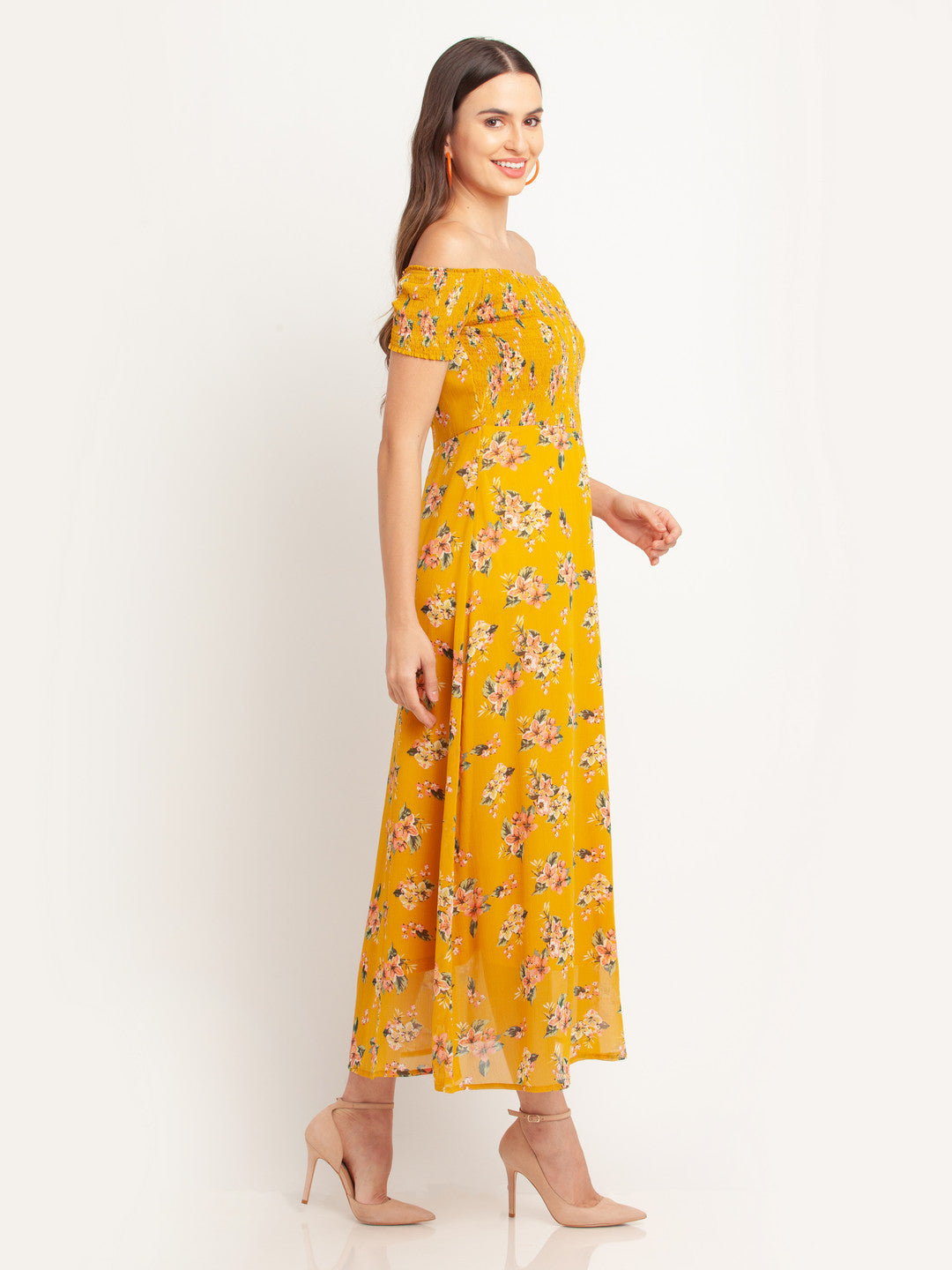 Yellow Printed Offhoulder Maxi Dress For Women