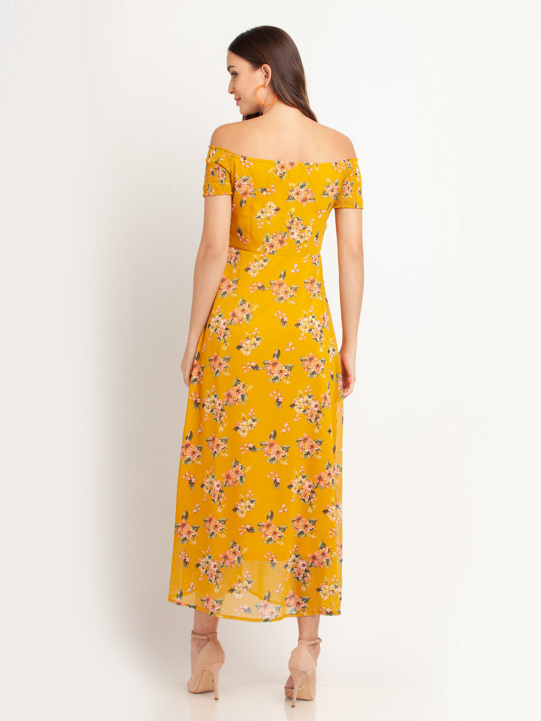 Yellow Printed Offhoulder Maxi Dress For Women