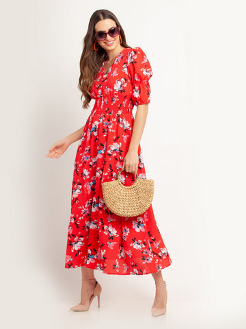 Red Printed Maxi Dress For Women