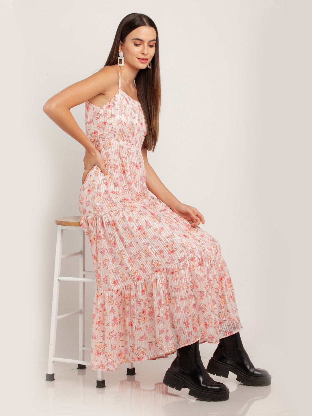 Pink Printed Tiered Maxi Dress